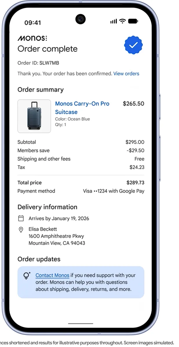 Confirmación de compra completada vía Google Pay mostrando resumen del pedido, precio y fecha de entrega
